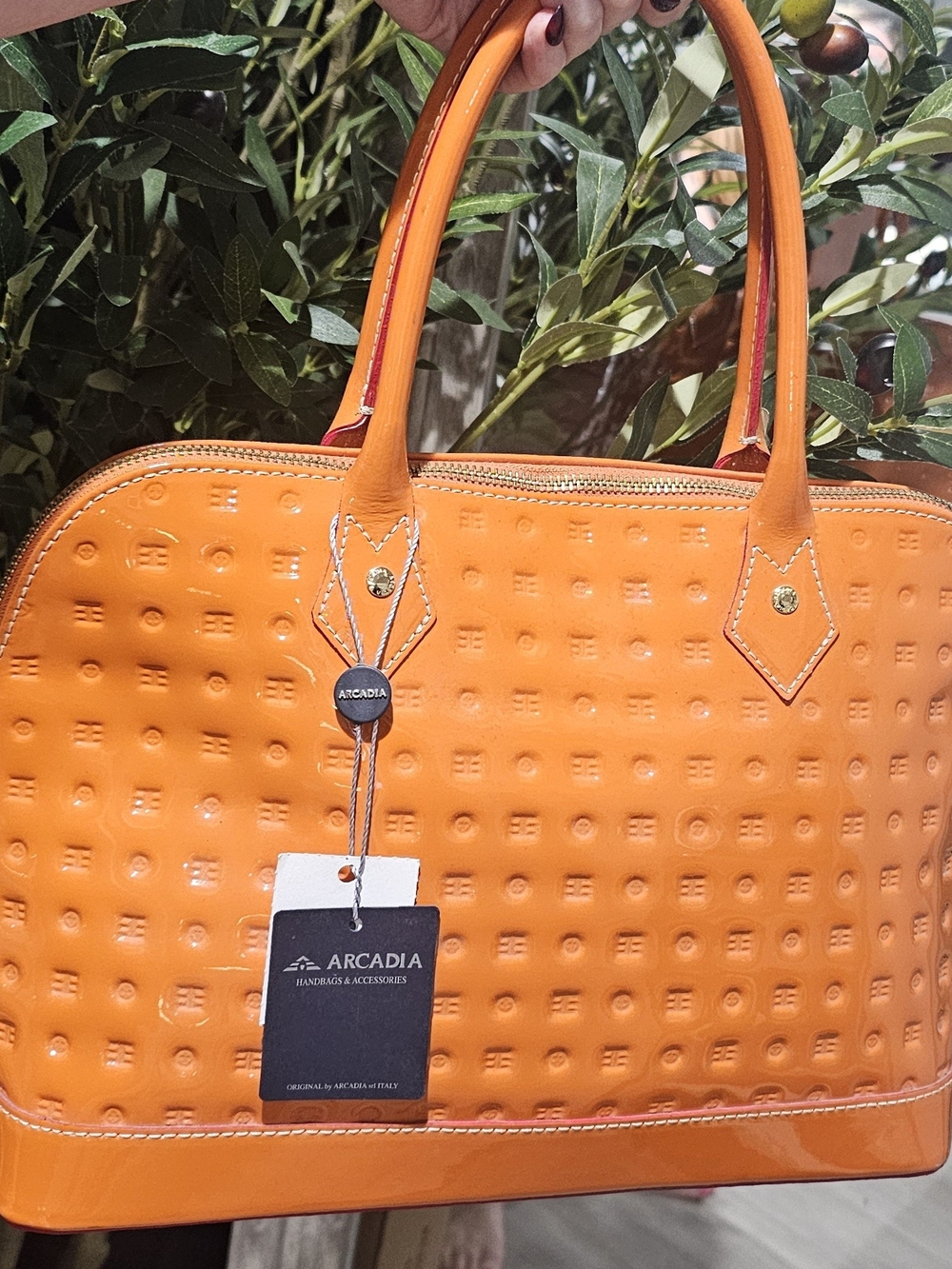 Arcadia Carrot Orange Embossed Leather Tote Made In Italy NWT